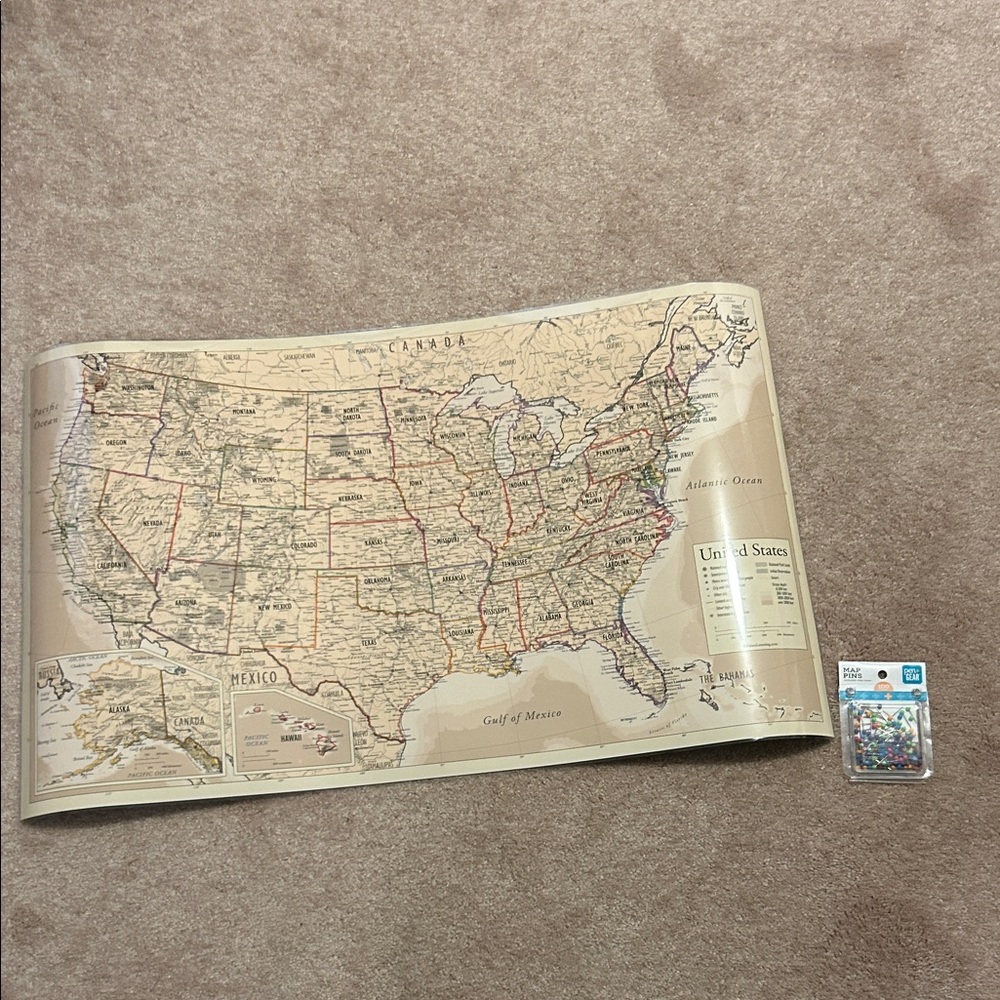 Vintage Style United States Map reversible laminated map with push pins ,l